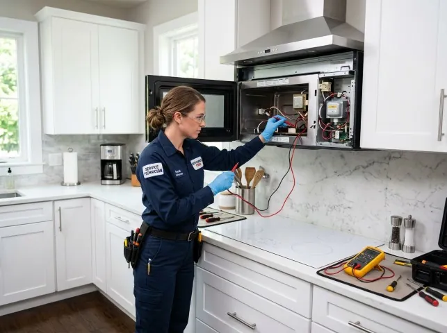 Appliance Repair Hero technician testing an over-the-range microwave in a Bloomington, CA kitchen